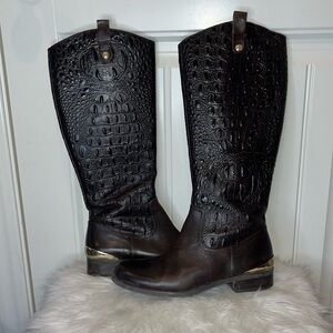 Dark brown Croc embossed knee boot Vince Camuto Gold tone heel plate 8.5 Kamino